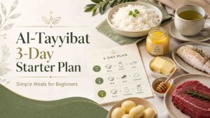 Featured image for an Al-Tayyibat 3-Day Starter Plan showing simple beginner meals with rice, potatoes, ghee, butter, honey, green tea, fish, beef, and a 3-day meal plan card.