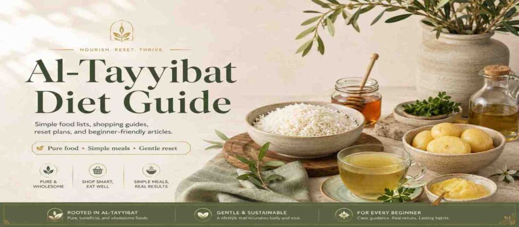 Al-Tayyibat Diet Guide homepage cover with rice, potatoes, honey, ghee, green tea, and pure food guide branding