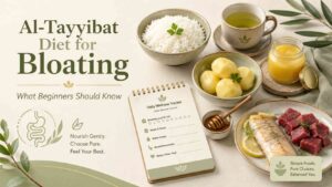 Featured image for an Al-Tayyibat Diet for bloating article, showing simple pure foods, green tea, ghee, honey, rice, potatoes, fish, beef, and a wellness tracker for beginners.