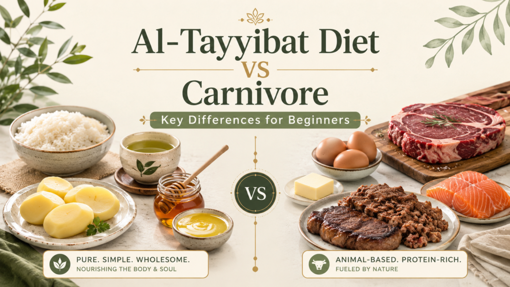 Al-Tayyibat Diet vs Carnivore comparison image showing pure foods like rice, potatoes, honey, ghee, and green tea beside animal-based foods like steak, eggs, salmon, and butter