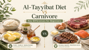 Al-Tayyibat Diet vs Carnivore comparison image showing pure foods like rice, potatoes, honey, ghee, and green tea beside animal-based foods like steak, eggs, salmon, and butter