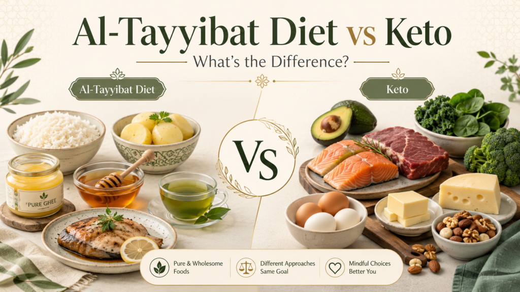 Al-Tayyibat Diet vs Keto comparison image showing pure foods like rice, ghee, honey, and green tea beside keto foods like eggs, avocado, salmon, cheese, nuts, and leafy greens
