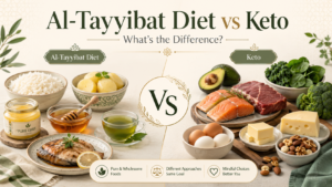 Al-Tayyibat Diet vs Keto comparison image showing pure foods like rice, ghee, honey, and green tea beside keto foods like eggs, avocado, salmon, cheese, nuts, and leafy greens