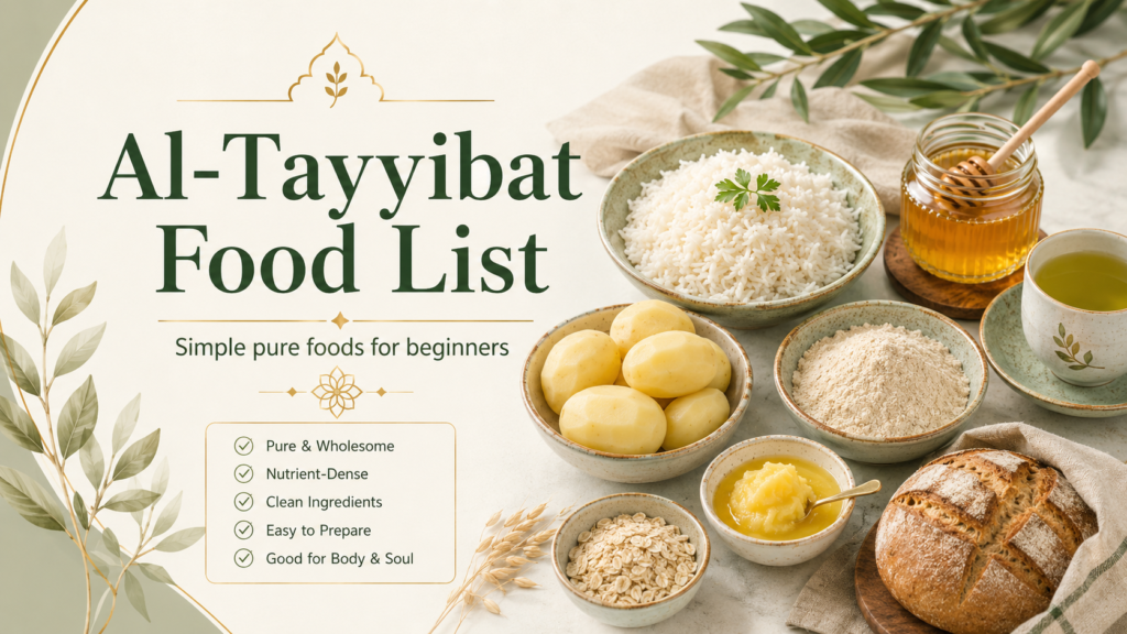 Featured image for an Al-Tayyibat Food List article, showing simple pure foods for beginners including white rice, potatoes, honey, green tea, ghee, oats, flour, and rustic bread.
