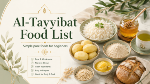Featured image for an Al-Tayyibat Food List article, showing simple pure foods for beginners including white rice, potatoes, honey, green tea, ghee, oats, flour, and rustic bread.