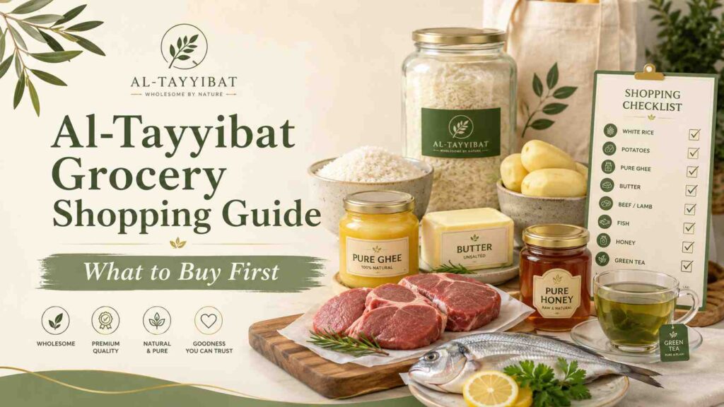 Featured image for an Al-Tayyibat grocery shopping guide showing what to buy first, including white rice, potatoes, pure ghee, butter, beef, fish, honey, green tea, and a shopping checklist.