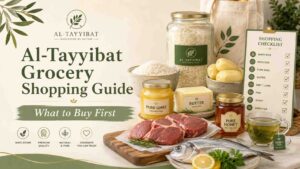 Featured image for an Al-Tayyibat grocery shopping guide showing what to buy first, including white rice, potatoes, pure ghee, butter, beef, fish, honey, green tea, and a shopping checklist.