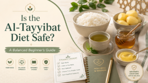 Featured image for a balanced beginner guide about whether the Al-Tayyibat Diet is safe, showing simple pure foods, green tea, honey, ghee, and a safety guidance checklist.