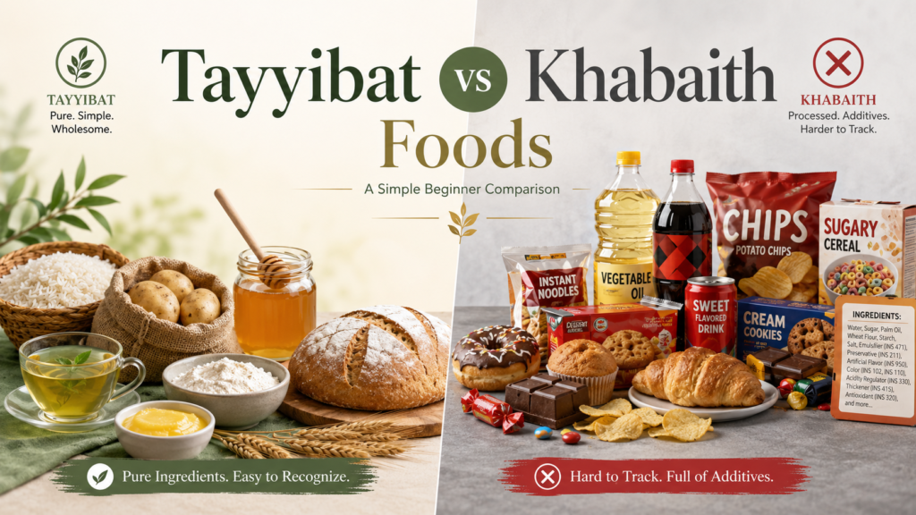 Tayyibat vs Khabaith Foods comparison showing simple pure foods like rice, honey, ghee, and green tea versus processed foods, seed oils, snacks, and additives