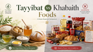 Tayyibat vs Khabaith Foods comparison showing simple pure foods like rice, honey, ghee, and green tea versus processed foods, seed oils, snacks, and additives