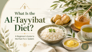 Featured image for a beginner guide to the Al-Tayyibat Diet, showing white rice, ghee, potatoes, honey, and green tea as simple pure foods.