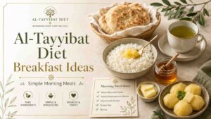 Featured image for an Al-Tayyibat Diet breakfast ideas article showing simple morning meals with homemade bread, butter, honey, green tea, rice with ghee, and boiled potatoes.