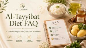 Featured image for an Al-Tayyibat Diet FAQ article showing simple pure foods, rice, potatoes, honey, green tea, and a Q&A notebook for beginner questions.