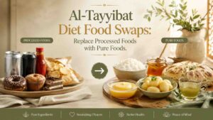 Al-Tayyibat Diet food swaps image showing processed foods like chips, pastries, soda, and sauces replaced with pure foods like rice, ghee, honey, potatoes, homemade bread, and green tea