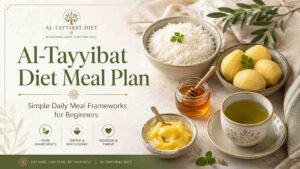 Featured image for an Al-Tayyibat Diet meal plan article showing simple daily meal frameworks with white rice, potatoes, honey, green tea, ghee, and pure beginner-friendly foods.