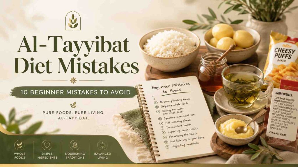 Featured image for an Al-Tayyibat Diet mistakes article showing simple pure foods, green tea, ghee, rice, potatoes, honey, a beginner mistakes checklist, and processed foods to avoid.