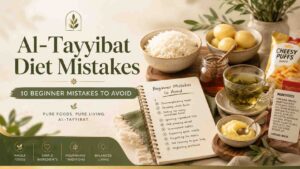 Featured image for an Al-Tayyibat Diet mistakes article showing simple pure foods, green tea, ghee, rice, potatoes, honey, a beginner mistakes checklist, and processed foods to avoid.
