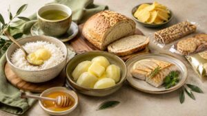 Featured image for an Al-Tayyibat Diet snacks article showing simple snack options like rice with ghee, potatoes with butter, homemade bread, honey, green tea, and processed snacks to avoid.