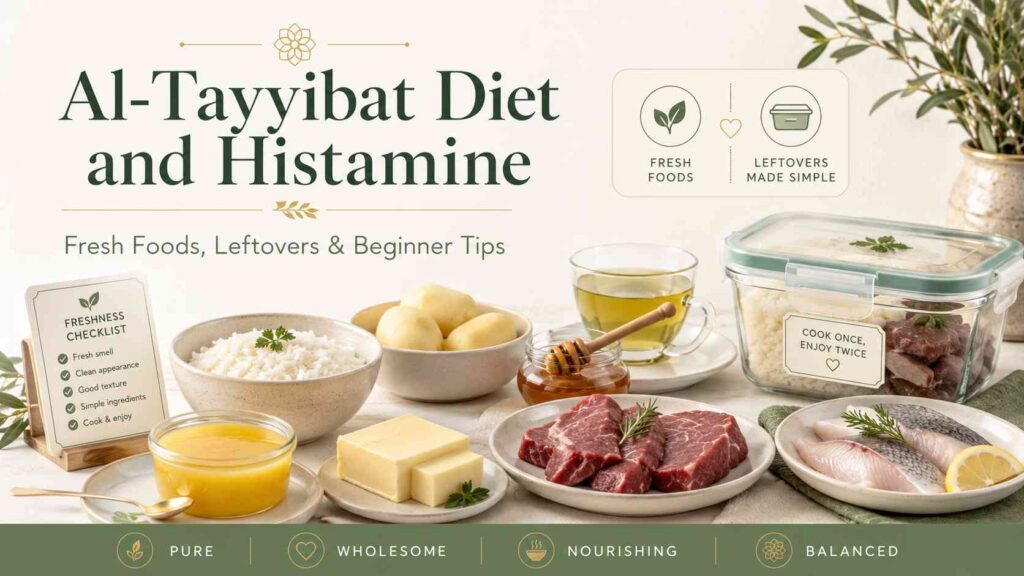 Featured image for an Al-Tayyibat Diet and histamine article, showing fresh simple foods, leftovers, rice, potatoes, ghee, beef, fish, honey, green tea, and freshness checklist tips.