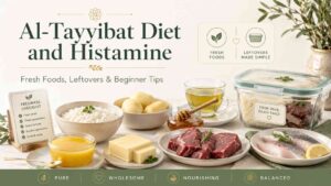 Featured image for an Al-Tayyibat Diet and histamine article, showing fresh simple foods, leftovers, rice, potatoes, ghee, beef, fish, honey, green tea, and freshness checklist tips.