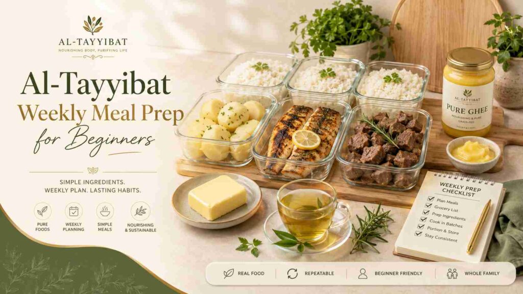 Featured image for an Al-Tayyibat weekly meal prep article showing beginner-friendly meal prep containers with white rice, peeled potatoes, grilled fish, beef, pure ghee, butter, green tea, fresh herbs, and a weekly prep checklist.