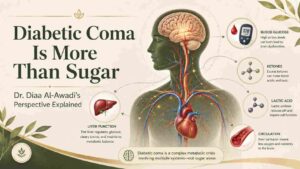 Featured image for a diabetic coma article explaining Dr. Diaa Al-Awadi’s perspective, showing the brain, blood circulation, glucose meter, ketones, lactic acid, liver function, and circulation factors beyond sugar alone.