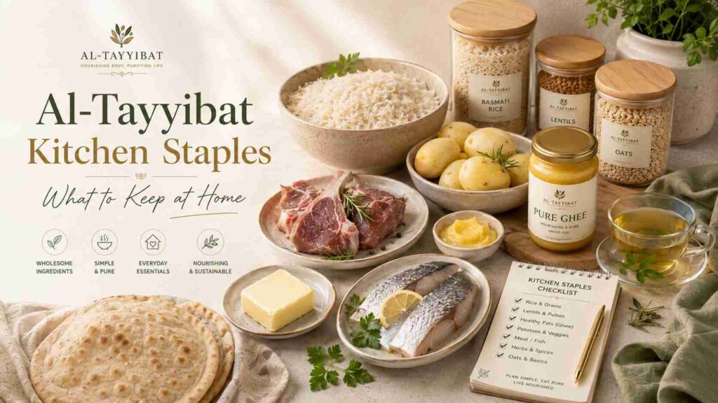 Featured image for an Al-Tayyibat kitchen staples article showing simple foods to keep at home, including white rice, peeled potatoes, pure ghee, butter, fresh meat, fish, homemade bread, green tea, herbs, pantry jars, and a beginner kitchen checklist.