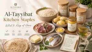 Featured image for an Al-Tayyibat kitchen staples article showing simple foods to keep at home, including white rice, peeled potatoes, pure ghee, butter, fresh meat, fish, homemade bread, green tea, herbs, pantry jars, and a beginner kitchen checklist.