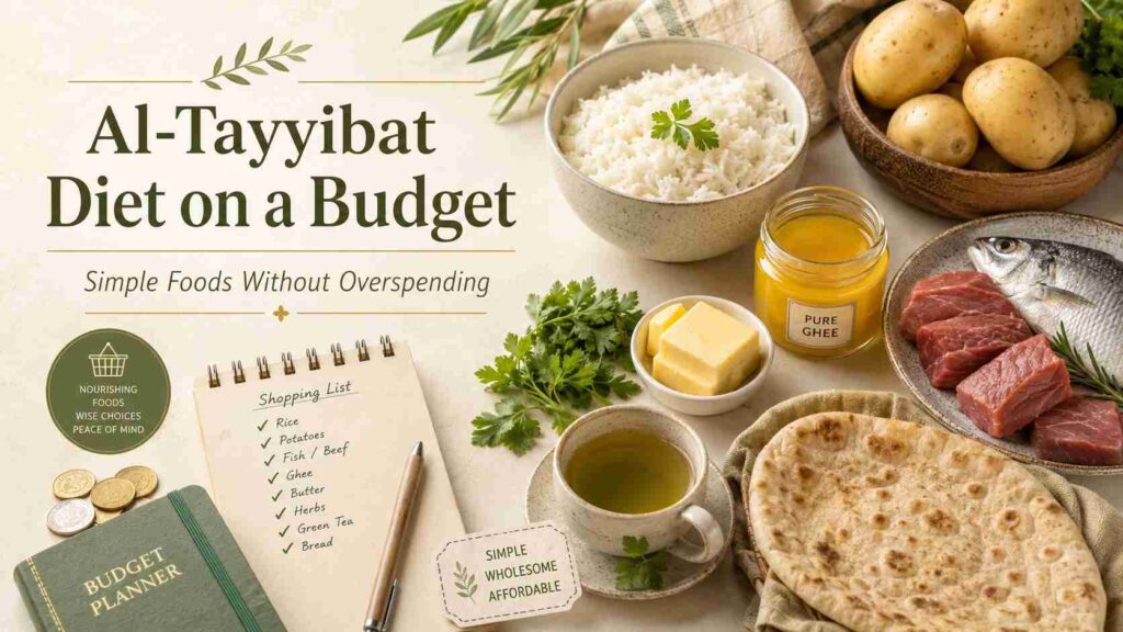 Al-Tayyibat budget meal planning image with rice, potatoes, butter, ghee, simple protein, green tea, grocery list, and affordable kitchen staples