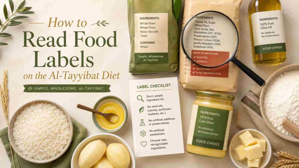 Featured image for an article about how to read food labels on the Al-Tayyibat Diet, showing ingredient lists, a magnifying glass, label checklist, seed oil warnings, rice, potatoes, ghee, butter, and simple pure foods.