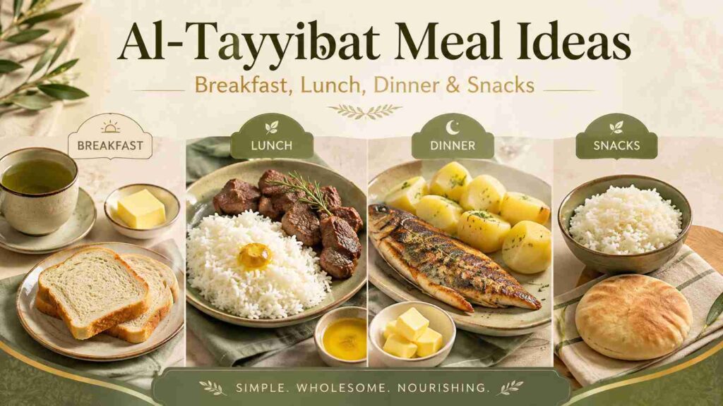Al-Tayyibat vs keto and carnivore comparison showing rice, potatoes, fish, butter, salmon, low-carb vegetables, meat, and the key differences between the three diets