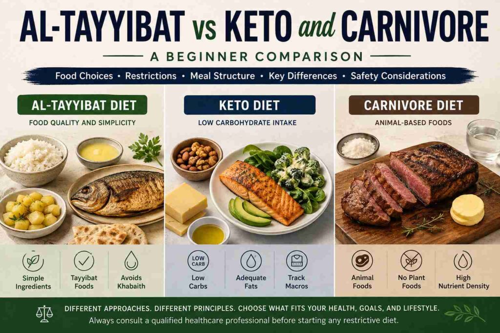 Al-Tayyibat vs keto and carnivore comparison showing rice, potatoes, fish, butter, salmon, low-carb vegetables, meat, and the key differences between the three diets